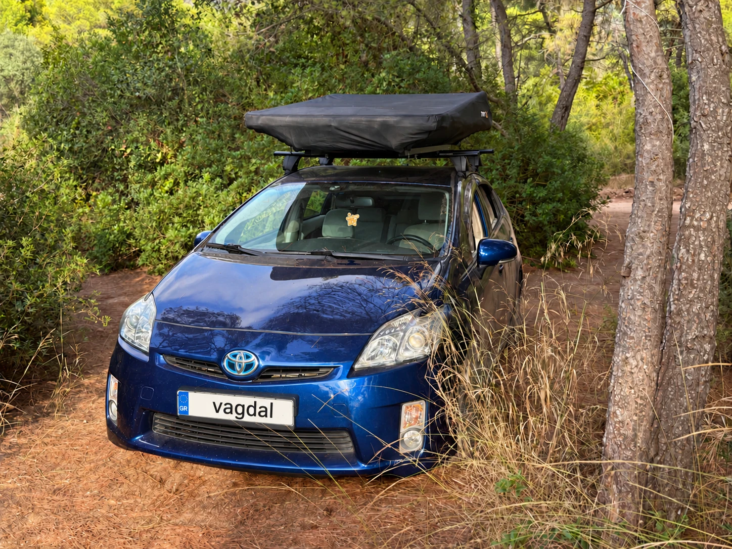 Front view with the tent packed down on the roof.